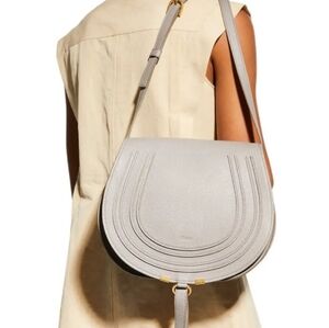 Chloé Marcie Calfskin Leather Med CrossbodyCashmere Grey Saddle Bag PRICEDTOSELL